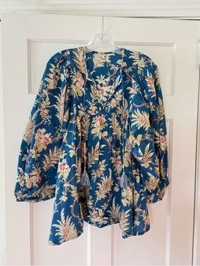 Women’s Teal Floral Boho Peasant Blouse with Tassel Tie
